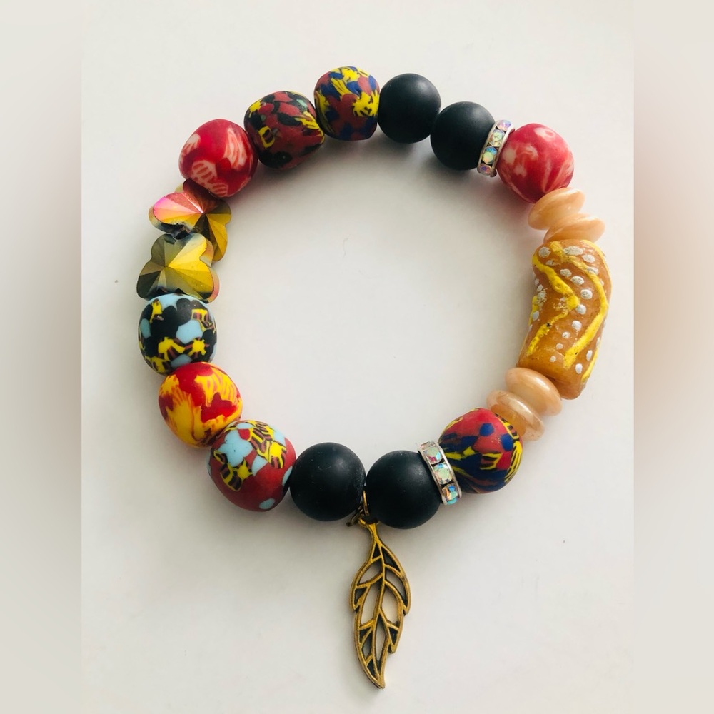 Colorful African Beaded Bracelet with Leaf Charm